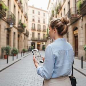 A woman with blonde hair in a bun uses her smartphone on a narrow cobblestone street in Bergen.