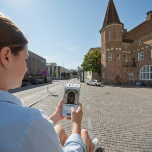 A woman sits on a cobblestone square in Aalborg using her smartphone for a city discovery game.