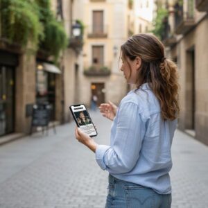A woman stands in a historic alley in Amersfoort, looking at a city game on her phone.