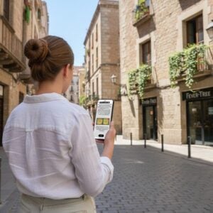 A woman seen from behind using her smartphone on a narrow, sunlit cobblestone street in Cagliari.