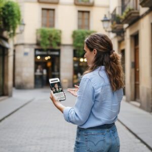 A woman stands on a historic cobblestone street in Enschede, looking at a city game on her smartphone.