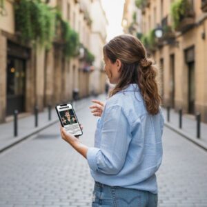 A woman stands on a narrow cobblestone street in London, looking at a game on her smartphone.