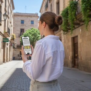 A woman stands on a cobblestone street in Tenerife, looking at a city game on her smartphone.