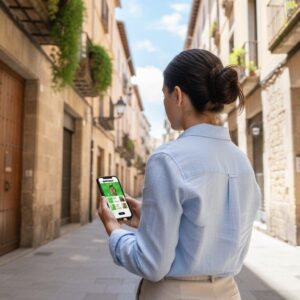 A woman seen from behind playing a city game on her phone in a narrow historic street in Budapest.