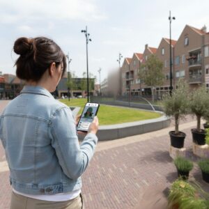 A woman stands in a modern city square in Alkmaar, holding a smartphone with a game on screen.