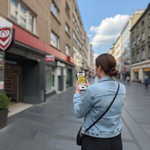 A woman seen from behind uses a smartphone while playing a city game on Knez Mihailova Street in Belgrade.
