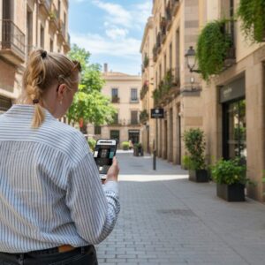 A woman seen from behind on a cobblestone street in Zurich, playing a city game on her smartphone.