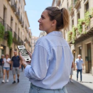 A young woman looks over her shoulder while holding a smartphone on a historic street in Antalya.