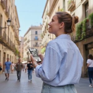 A young woman with her hair in a bun holds a smartphone on a sunny pedestrian street in Bergerac.