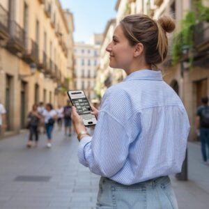 A woman stands on a historic street in Cancun, holding a smartphone with a game app.