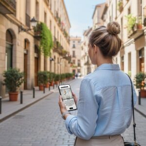 A woman seen from behind stands on a historic cobblestone street in Edinburgh, looking at a smartphone.