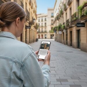 A woman stands on a narrow cobblestone street in Krakow, looking at a city game on her smartphone.