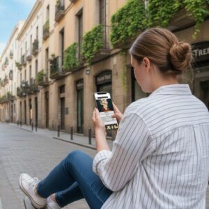 A woman sits on a narrow European-style street in Lanzarote, looking at a game on her smartphone.