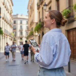 A young woman in a striped shirt holds her phone while exploring a sunny, historic street in Leeuwarden.