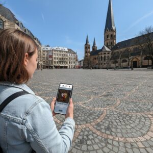 A woman plays a game on her smartphone in Bonn's Münsterplatz square, with the historic Bonn Minster behind her.