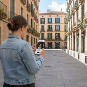 A woman seen from behind uses a smartphone on a sunny pedestrian street in Naples.