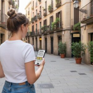 A woman seen from behind uses her smartphone while standing in a narrow, historic street in Ostend.