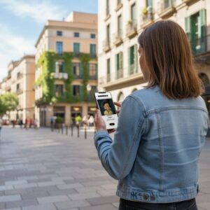 A woman stands on a pedestrian street in Barcelona, looking at a game on her smartphone.