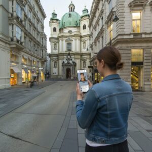 A woman in a denim jacket plays a game on her phone in front of St. Peter's Church in Vienna.