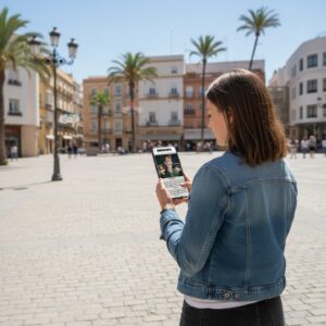 A young woman holds a smartphone playing a Sherlock-themed game in Plaza de San Juan de Dios in Cadiz.