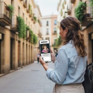 A woman stands on a narrow street in Podgorica, playing a Sherlock-themed city game on her smartphone.