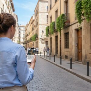 A woman viewed from behind uses her smartphone on a historic cobblestone street in Tournai.