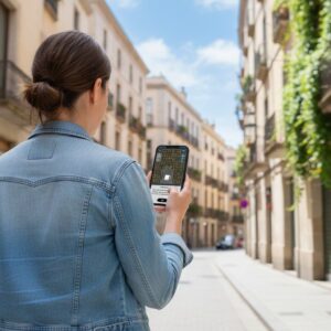 A woman seen from behind plays a maze game on her smartphone on a narrow street in Tanger.
