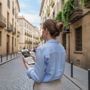 A woman, seen from behind, stands on a cobblestone street in Arnhem playing a game on her tablet.