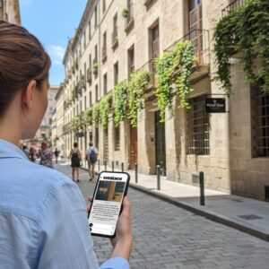 A woman stands on a historic cobblestone street in Bonn, holding a phone showing the Sherlock City Game.