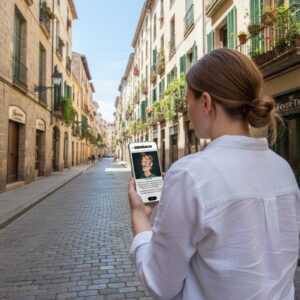 A woman seen from behind plays a Sherlock city game on her phone on a narrow cobblestone street.