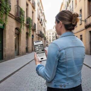 A woman seen from behind playing the Sherlock city game on her smartphone on a cobblestone street in Hasselt.