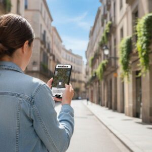 A woman seen from behind plays a Sherlock-themed city game on her smartphone on a street in Chisinau.