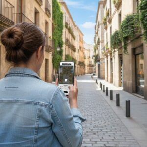 A woman stands on a cobblestone street in Figari, playing a Sherlock-themed maze game on her smartphone.