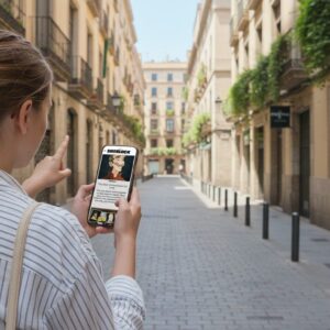 A woman viewed from behind uses her smartphone for a Sherlock city game on a narrow street in Nice.
