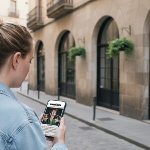 A woman with her hair in a bun plays a game on her phone on a narrow, historic street in Palermo.