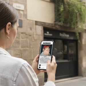 A woman seen from behind plays the Sherlock city game on her smartphone on a street in Reykjavik.