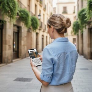 A woman stands on a narrow historic street in Stockholm, playing the Sherlock city game on her smartphone.