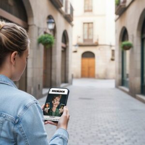 A woman seen from behind plays a Sherlock-themed mobile game on a cobblestone alley in Lisbon.