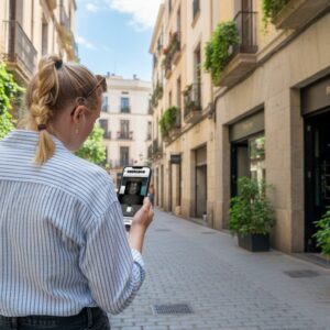 A woman stands on a narrow cobblestone street in Venice, playing a Sherlock-themed game on her smartphone.