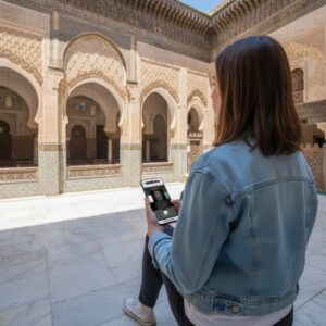 A woman sits in a sunny, ornate Moroccan courtyard in Casablanca, playing a city game on her smartphone.