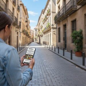 A woman in a denim jacket uses her phone while standing on a narrow cobblestone street in Amman.