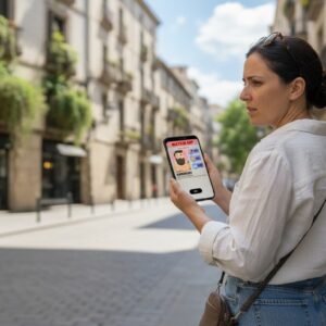 A woman stands on a quiet street in Schwerin, looking at a character profile on her smartphone.
