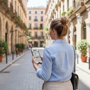A woman seen from behind walks down a historic street with porticoes in Bologna while looking at her smartphone.
