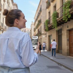A woman seen from behind walks down a narrow street in Stuttgart, holding a smartphone.