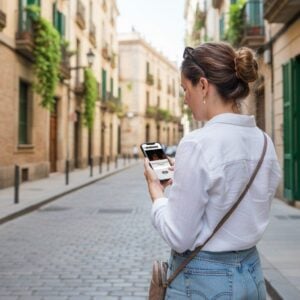 A woman stands on a narrow cobblestone street in the old town of Bucharest, looking at her smartphone.