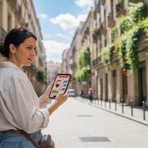 A woman stands on a historic street in Palma de Mallorca, looking at an app on her phone.