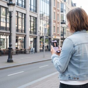 A woman in a denim jacket stands on a sidewalk in Warsaw, looking at her smartphone.