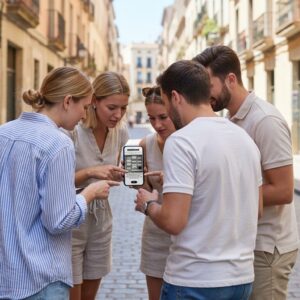 A group of five friends stand on a cobblestone street in Ystad, all looking together at a smartphone screen.