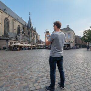 A man stands in the Grote Markt square in Zwolle, playing a city game on his phone.