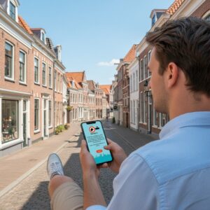 A young man sits on a historic cobblestone street in Bergen op Zoom, playing a city game on his smartphone.